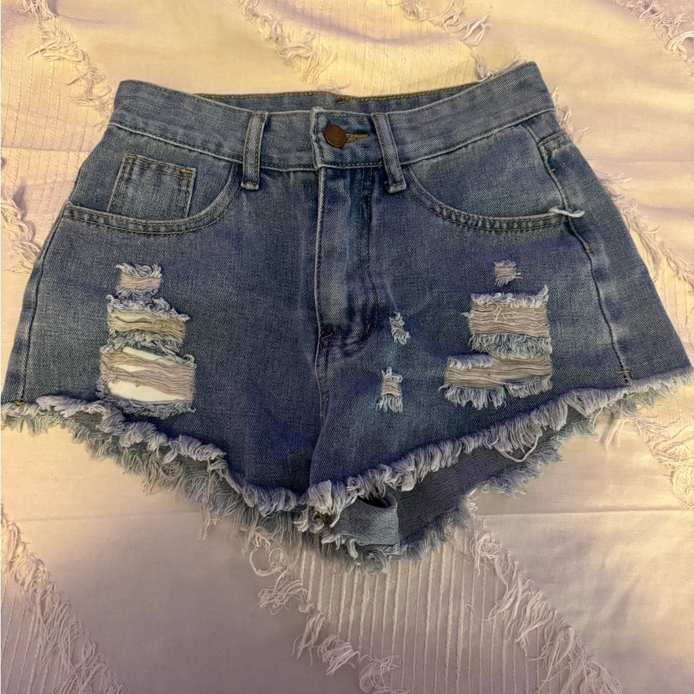Blue Distressed Jean Shorts with Frayed Hem